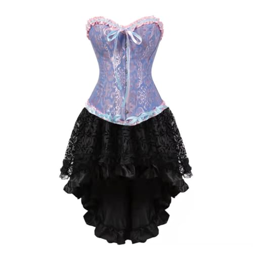 AIGOUT Damen Steampunk Korsett Rock Set Satin Fishbone Korsett Kleid Vintage Court Jacquard Kleid Set Gothic Cosplay für Party Hochzeit Halloween (Blau, XS) von AIGOUT