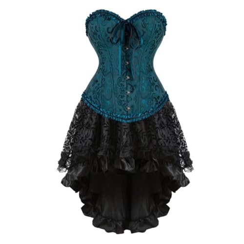 AIGOUT Damen Steampunk Korsett Rock Set Satin Fishbone Korsett Kleid Vintage Court Jacquard Kleid Set Gothic Cosplay für Party Hochzeit Halloween (Dunkelgrün, XS) von AIGOUT
