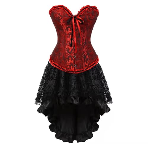 AIGOUT Damen Steampunk Korsett Rock Set Satin Fishbone Korsett Kleid Vintage Court Jacquard Kleid Set Gothic Cosplay für Party Hochzeit Halloween (Dunkelrot, XS) von AIGOUT