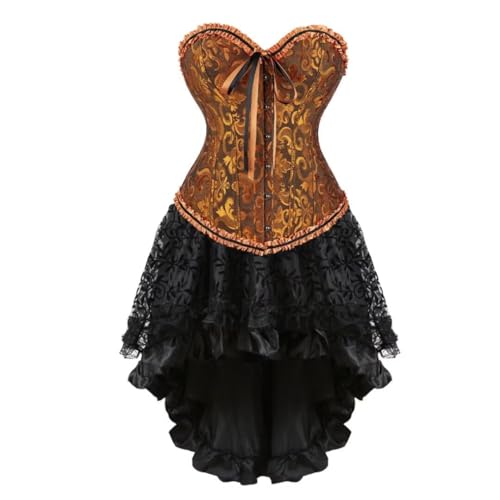 AIGOUT Damen Steampunk Korsett Rock Set Satin Fishbone Korsett Kleid Vintage Court Jacquard Kleid Set Gothic Cosplay für Party Hochzeit Halloween (Ingwer, 6XL) von AIGOUT