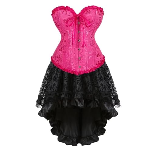 AIGOUT Damen Steampunk Korsett Rock Set Satin Fishbone Korsett Kleid Vintage Court Jacquard Kleid Set Gothic Cosplay für Party Hochzeit Halloween (Rose, 4XL) von AIGOUT