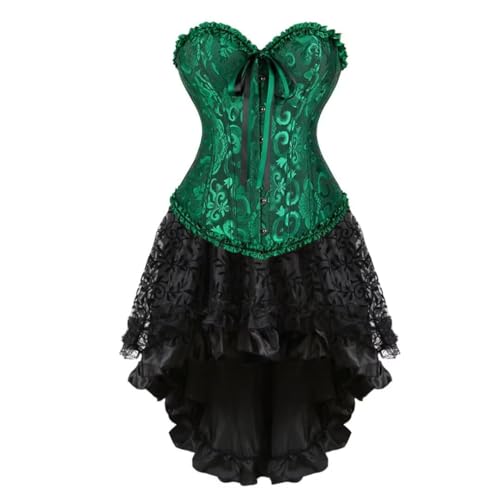 AIGOUT Damen Steampunk Korsett Rock Set Satin Fishbone Korsett Kleid Vintage Court Jacquard Kleid Set Gothic Cosplay für Party Hochzeit Halloween (Schwarz Grün, 3XL) von AIGOUT