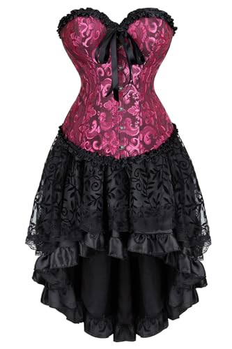 AIGOUT Damen Steampunk Korsett Rock Set Satin Fishbone Korsett Kleid Vintage Court Jacquard Kleid Set Gothic Cosplay für Party Hochzeit Halloween (Schwarze Rose, S) von AIGOUT