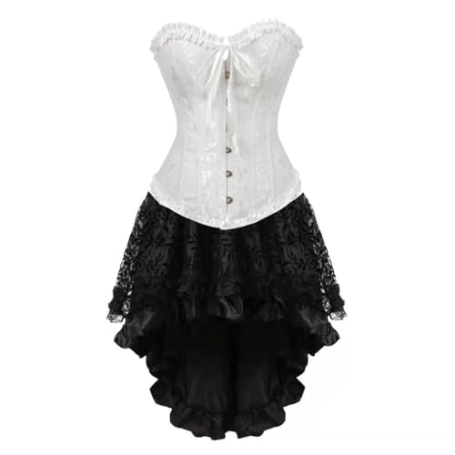 AIGOUT Damen Steampunk Korsett Rock Set Satin Fishbone Korsett Kleid Vintage Court Jacquard Kleid Set Gothic Cosplay für Party Hochzeit Halloween (Weiß, XXS) von AIGOUT