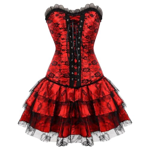 AIGOUT Damen Überbrust Spitze Floral Fishbone Bustier Kleid mit Bindebändern vorne und hinten - Eng anliegendes Korsett Ballettrock Set für Halloween Gothic Korsett Kleid Cosplay Produkt-Highlights von AIGOUT