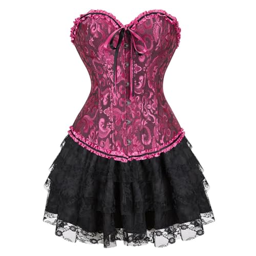 AIGOUT Damen Vintage Court Brokat Korsett Kleid Set Gothic Korsett Spitze Ballettrock Zweiteiliges Set (Black Rose, 6XL) von AIGOUT