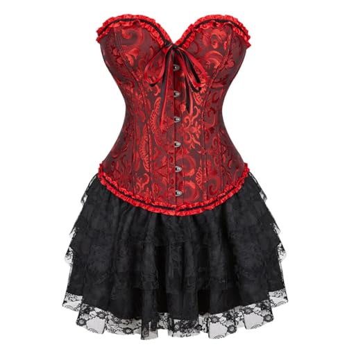 AIGOUT Damen Vintage Court Brokat Korsett Kleid Set Gothic Korsett Spitze Ballettrock Zweiteiliges Set (Dunkelrot, XS) von AIGOUT