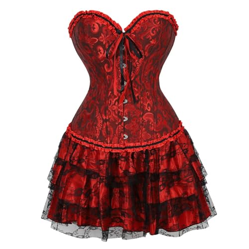 AIGOUT Damen Vintage Court Brokat Korsett Kleid Set Gothic Korsett Spitze Ballettrock Zweiteiliges Set (Rot, XL) von AIGOUT