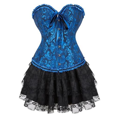 AIGOUT Damen Vintage Court Brokat Korsett Kleid Set Gothic Korsett Spitze Ballettrock Zweiteiliges Set (Schwarz Blau, XL) von AIGOUT