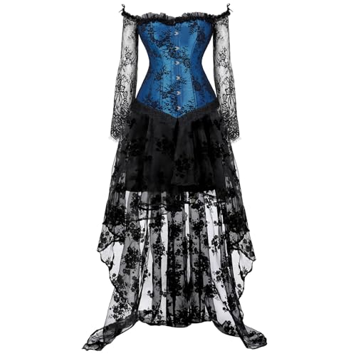 AIGOUT Damen Vintage Eng anliegendes Bustier-Kleid-Set, eine Schulter, Spitze, langärmelig, Korsett mit Steampunk-Rock, Halloween-Kostüm, Korsettkleid (Blau, Größe 4XL) von AIGOUT