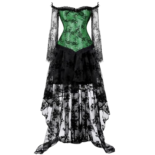 AIGOUT Damen Vintage Eng anliegendes Bustier-Kleid-Set, eine Schulter, Spitze, langärmelig, Korsett mit Steampunk-Rock, Halloween-Kostüm, Korsettkleid (Grün, L) von AIGOUT