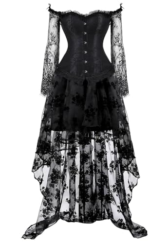 AIGOUT Damen Vintage Eng anliegendes Bustier-Kleid-Set, eine Schulter, Spitze, langärmelig, Korsett mit Steampunk-Rock, Halloween-Kostüm, Korsettkleid (Schwarz, XXL) von AIGOUT