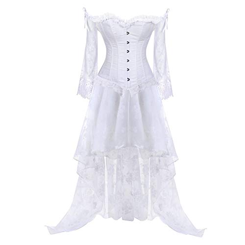 AIGOUT Damen Vintage Eng anliegendes Bustier-Kleid-Set, eine Schulter, Spitze, langärmelig, Korsett mit Steampunk-Rock, Halloween-Kostüm, Korsettkleid (Weiß, 6XL) von AIGOUT
