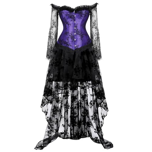 AIGOUT Damen Vintage Eng anliegendes Bustier-Kleid-Set, einschultrig, Spitze, langärmelig, Korsett mit Steampunk-Rock, Halloween-Kostüm, Korsettkleid (Lila, XXL) von AIGOUT