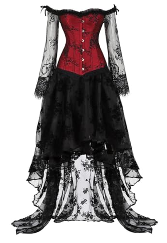 AIGOUT Damen Vintage Eng anliegendes Bustier-Kleid-Set, einschultrig, Spitze, langärmelig, Korsett mit Steampunk-Rock, Halloween-Kostüm, Korsettkleid (Weinrot, XXL) von AIGOUT