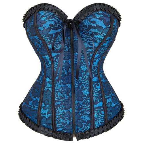 AIGOUT Damen Vintage Satin Korsett Frontreißverschluss Fischgräten-Korsett - Schnürung Shapewear für Halloween Cosplay (Blau, XS) von AIGOUT