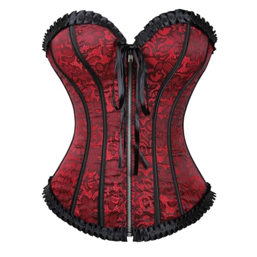 AIGOUT Damen Vintage Satin Korsett Frontreißverschluss Fischgräten-Korsett - Schnürung Shapewear für Halloween Cosplay (Rot, XXL) von AIGOUT