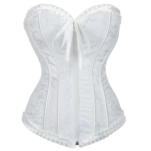 AIGOUT Damen Vintage Satin Korsett Frontreißverschluss Fischgräten-Korsett - Schnürung Shapewear für Halloween Cosplay (Weiß, M) von AIGOUT