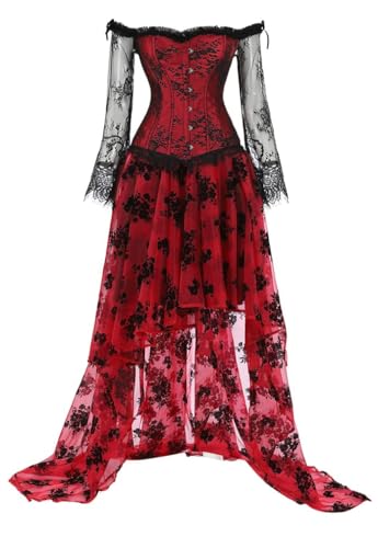 AIGOUT Damenkleid, Vintage, eng anliegend, Bustier-Kleid, einschultrig, Spitze, langärmelig, Korsett mit Steampunk-Rock, Halloween-Kostüm, Korsett-Kleid (Rot, Größe 4XL) von AIGOUT