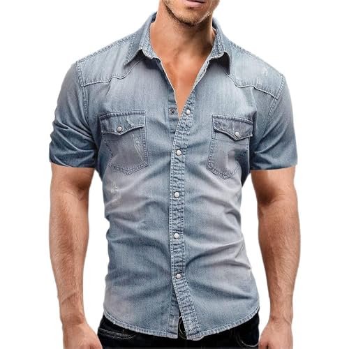 AIGOUT Dünnes Jeanshemd für Herren, kurze Ärmel, weiche Baumwolle, zwei Taschen, schmal, leicht, elastisch, Jeans, Cowboy-Hemd (Hellblau, Größe 3XL) von AIGOUT