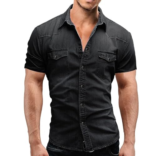 AIGOUT Dünnes Jeanshemd für Herren, kurze Ärmel, weiche Baumwolle, zwei Taschen, schmal, leicht, elastisch, Jeans, Cowboy-Hemd (Schwarz, Größe 3XL) von AIGOUT