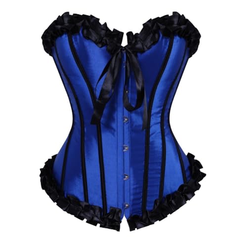 AIGOUT Fischgräten-Korsett mit gerüschtem Rand, Schnürung vorne, Schleife, Satin-Streifen, Schnürung, Shaper, weiblicher Faltenbesatz, mittelalterliches Burlesque-Bustier (Blau, XXL) von AIGOUT