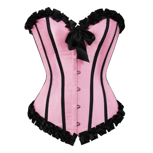 AIGOUT Fischgräten-Korsett mit gerüschtem Rand, Schnürung vorne, Schleifenkorsett, Satinstreifen, Schnürung, Shaper, weiblicher Faltenbesatz, mittelalterliches Burlesque-Bustier (Rosa, XXL) von AIGOUT