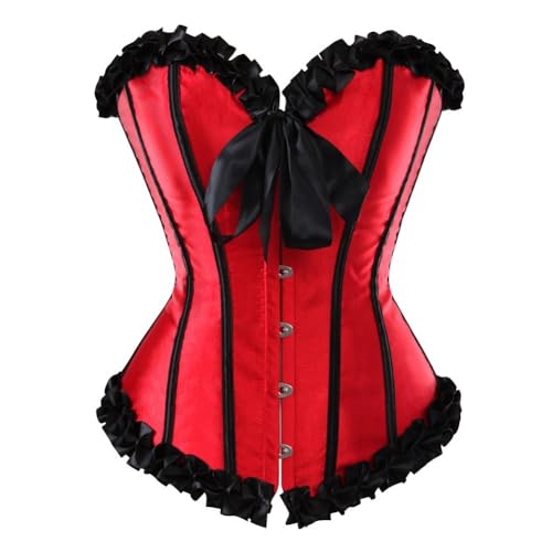 AIGOUT Fischgräten-Korsett mit gerüschtem Rand, Schnürung vorne, Schleifenkorsett, Satinstreifen, Schnürung, Shaper, weiblicher Faltenbesatz, mittelalterliches Burlesque-Bustier (Rot, XXL) von AIGOUT