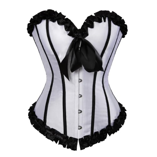 AIGOUT Fischgräten-Korsett mit gerüschtem Rand, Schnürung vorne, Schleifenkorsett, Satinstreifen, Schnürung, Shaper, weiblicher Faltenbesatz, mittelalterliches Burlesque-Bustier (Weiß, M) von AIGOUT