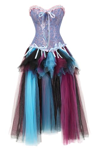 AIGOUT Gothic Klassisches Überbrustkorsett mit Spitzenbesatz Fischgräten-Bustier Gothic Stil Bunter Tüll Ballettrock (Blau, XXL) von AIGOUT
