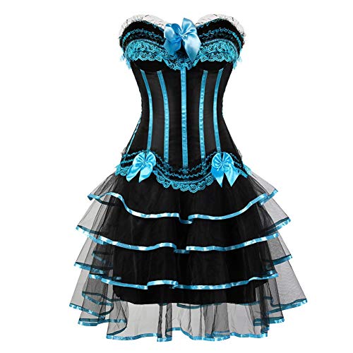 AIGOUT Gothic Korsett Kleid Satin Gestreift Korsett mit Langem Tüllrock Spitze Schleife Fischgräte Bustier Kleid Satin Gestreift Chiffon Rock Set (Himmelblau, XS) von AIGOUT