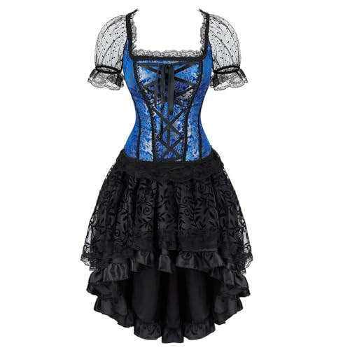 AIGOUT Gothic Korsett Kleid Set Vintage Court Puffärmel Spitze Korsett Top mit Steampunk Satinrock Fischgrätenkleid eng anliegendes Brustkleid für Cosplay Party (Blau, XS) von AIGOUT