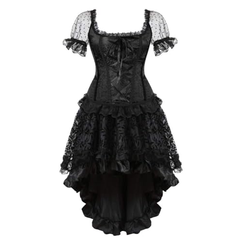 AIGOUT Gothic Korsett Kleid Set Vintage Court Puffärmel Spitze Korsett Top mit Steampunk Satinrock Fischgrätenkleid eng anliegendes Brustkleid für Cosplay Party (Schwarz, S) von AIGOUT