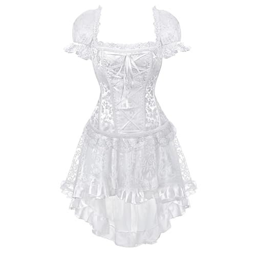 AIGOUT Gothic Korsett Kleid Set Vintage Court Puffärmel Spitze Korsett Top mit Steampunk Satinrock Fischgrätenkleid eng anliegendes Brustkleid für Cosplay Party (Weiß, 4XL) von AIGOUT