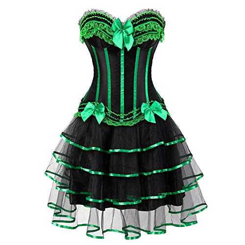 AIGOUT Gothic Korsettkleid Satin Gestreift Korsett mit Langem Tüllrock Spitze Schleife Fischgräte Bustier Kleid Satin Gestreift Chiffon Rock Set (Grün, XXS) von AIGOUT