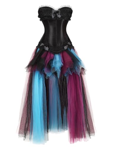 AIGOUT Gothic Lace Up Bustier mit Knochen und langem buntem Tüll Tutu Rock Set Spitze Schleife Fischgräten-Korsett Kleid Stil (Schwarz, M) von AIGOUT