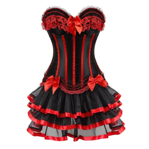 AIGOUT Gothic Vintage Court-Stil Korsett Kleid Set Spitze Schleife Besatz Fischgrätenmieder mit Gothic Korsett Bouquet Rock (Rot, 4XL) von AIGOUT