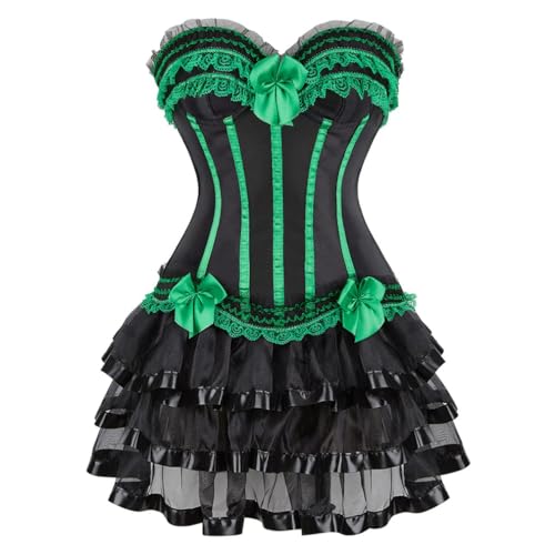 AIGOUT Gothic Vintage Court-Stil Korsett Kleid Set Spitze Schleife Besatz Fischgrätenmieder mit gotischem Korsett Blumenstrauß Rock (Grün 1, L) von AIGOUT