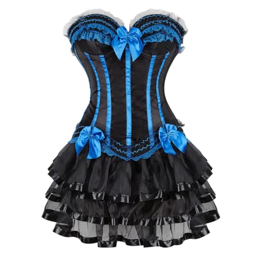 AIGOUT Gothic Vintage Court-Stil Korsett Kleid Set Spitze Schleife Trim Fischgrätenmieder mit Gothic Korsett Bouquet Rock (Blau 1, M) von AIGOUT