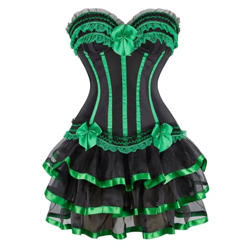 AIGOUT Gothic Vintage Court-Stil Korsett Kleid Set Spitze Schleife Trim Fischgrätenmieder mit Gothic Korsett Bouquet Rock (Grün, M) von AIGOUT