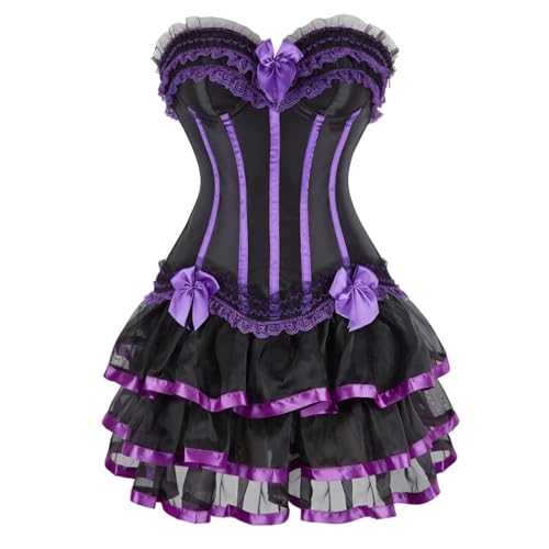AIGOUT Gothic Vintage Court-Stil Korsett Kleid Set Spitze Schleife Trim Fischgrätenmieder mit Gothic Korsett Bouquet Rock (Lila, M) von AIGOUT