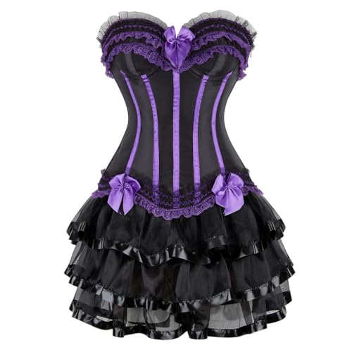 AIGOUT Gothic Vintage Court-Stil Korsett Kleid Set Spitze Schleife Trim Fischgrätenmieder mit Gothic Korsett Bouquet Rock (Lila 1, XL) von AIGOUT