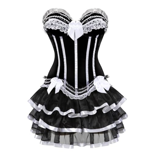 AIGOUT Gothic Vintage Court-Stil Korsett Kleid Set Spitze Schleife Trim Fischgrätenmieder mit Gothic Korsett Bouquet Rock (Weiß, 5XL) von AIGOUT