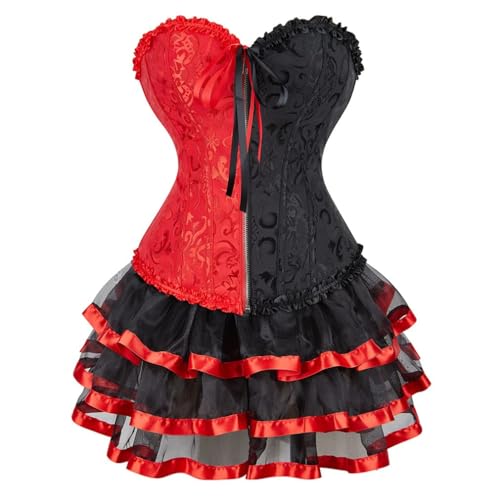 AIGOUT Gotisches Korsettkleid, Steampunk-Kostüm, gerüscht, Fischgräten-Korsett mit Brokat-Jacquard-Kuchenrock, Anzug, besticktes Outfit mit Knochen, Rot und Schwarz, Größe XXL von AIGOUT