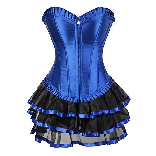 AIGOUT Halloween Gothic Korsettkleid Damen Vintage Satin Korsett mit Spitze Ballettrock Ensemble Plissee Fischgrätenstruktur Kleid (Blau, XL) von AIGOUT