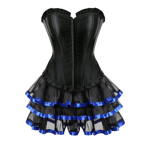 AIGOUT Halloween Gothic Korsettkleid Damen Vintage Satin Korsett mit Spitze Ballettrock Ensemble Plissee Fischgrätenstruktur Kleid (Blau 1, L) von AIGOUT