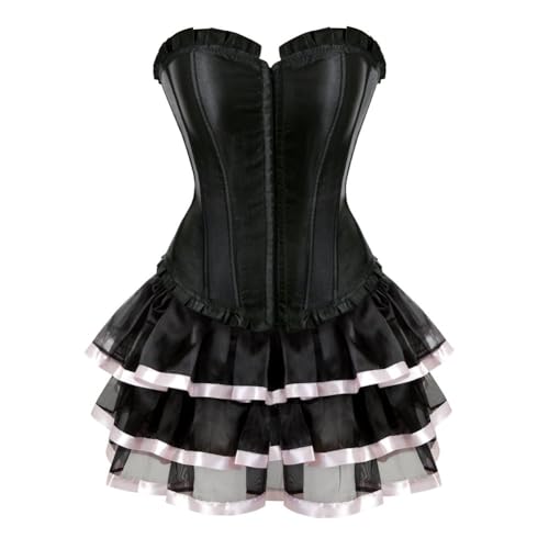 AIGOUT Halloween Gothic Korsettkleid Damen Vintage Satin Korsett mit Spitze Ballettrock Ensemble Plissee Fischgrätenstruktur Kleid (Rosa, XXS von AIGOUT