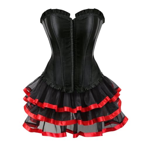 AIGOUT Halloween Gothic Korsettkleid Damen Vintage Satin Korsett mit Spitze Ballettrock Ensemble Plissee Fischgrätenstruktur Kleid (Rot, M) von AIGOUT