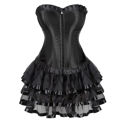 AIGOUT Halloween Gothic Korsettkleid für Damen, Vintage-Satin, Korsett mit Spitze, Ballettrock, Ensemble, plissiert, Fischgrätenstrukturkleid (Schwarz, Größe 3XL) von AIGOUT