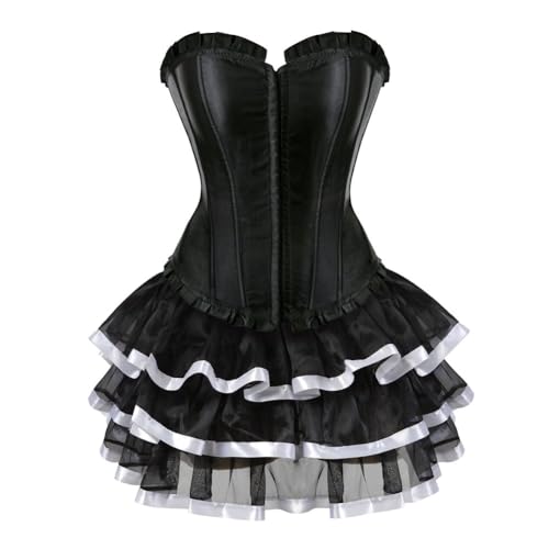 AIGOUT Halloween Gothic Korsettkleid für Damen, Vintage-Satin, Korsett mit Spitze, Ballettrock, Ensemble, plissiert, Fischgrätenstrukturkleid (Weiß, Größe 4XL) von AIGOUT